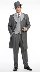 Men’s Grey Pinstripe Zoot Suit 3 Piece – 1920s Gangster Vintage Wide Lapel Suit with Vest for Wedding, Party