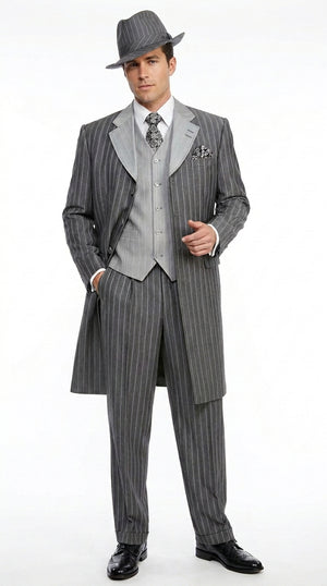 Men’s Grey Pinstripe Zoot Suit 3 Piece – 1920s Gangster Vintage Wide Lapel Suit with Vest for Wedding, Party