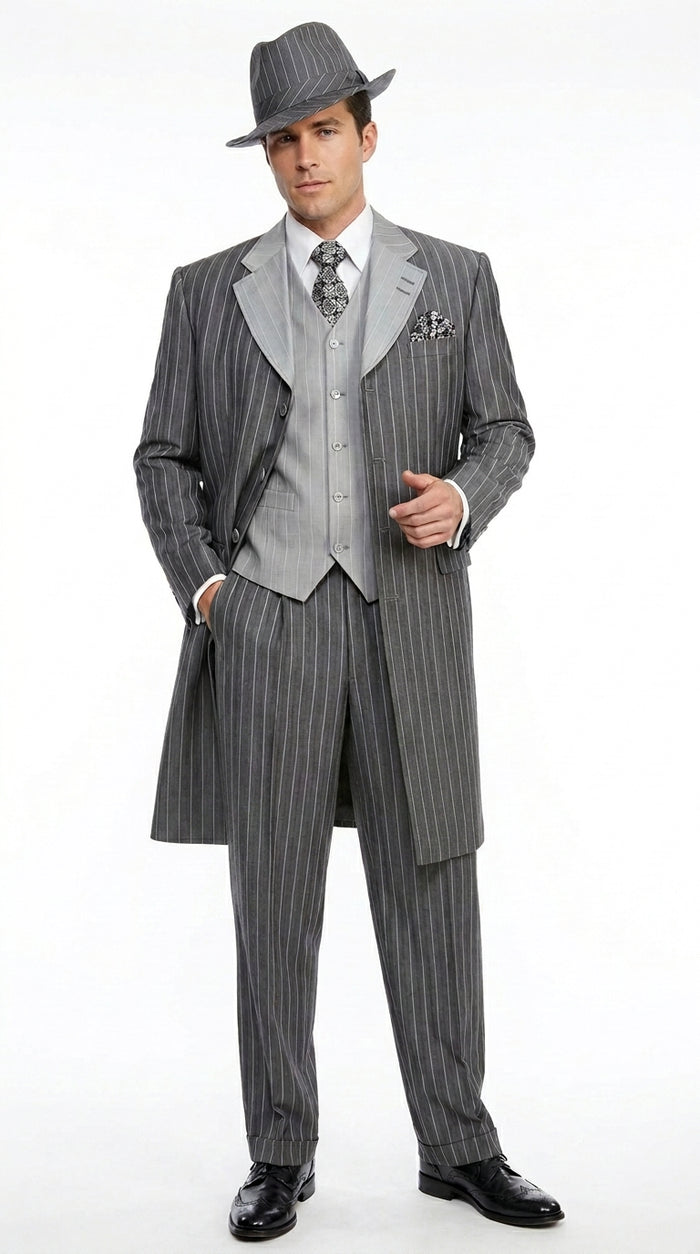 Men’s Grey Pinstripe Zoot Suit 3 Piece – 1920s Gangster Vintage Wide Lapel Suit with Vest for Wedding, Party