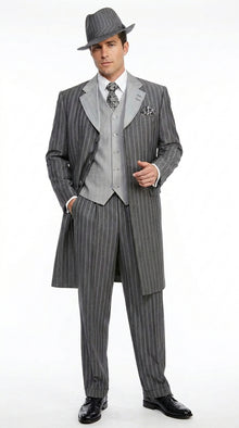 Men’s Grey Pinstripe Zoot Suit 3 Piece – 1920s Gangster Vintage Wide Lapel Suit with Vest for Wedding, Party