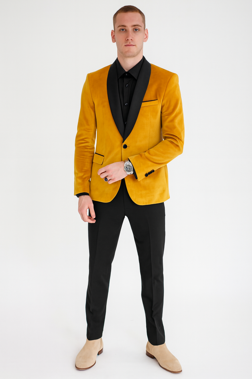 Men’s Mustard Gold Tuxedo Jacket – Slim Fit Dinner Blazer with Black Satin Shawl Lapel + Free Black Pants & Bowtie