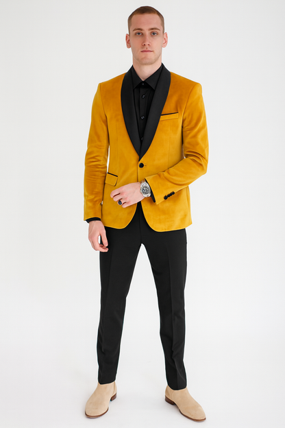 Men’s Mustard Gold Tuxedo Jacket – Slim Fit Dinner Blazer with Black Satin Shawl Lapel + Free Black Pants & Bowtie