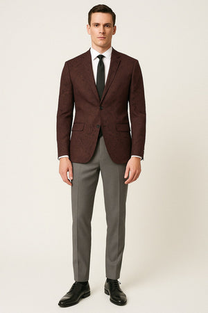 Mens Burgundy and Black Paisley Tuxedo Blazer – Slim Fit Formal Dinner Jacket