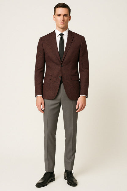 Mens Burgundy and Black Paisley Tuxedo Blazer – Slim Fit Formal Dinner Jacket