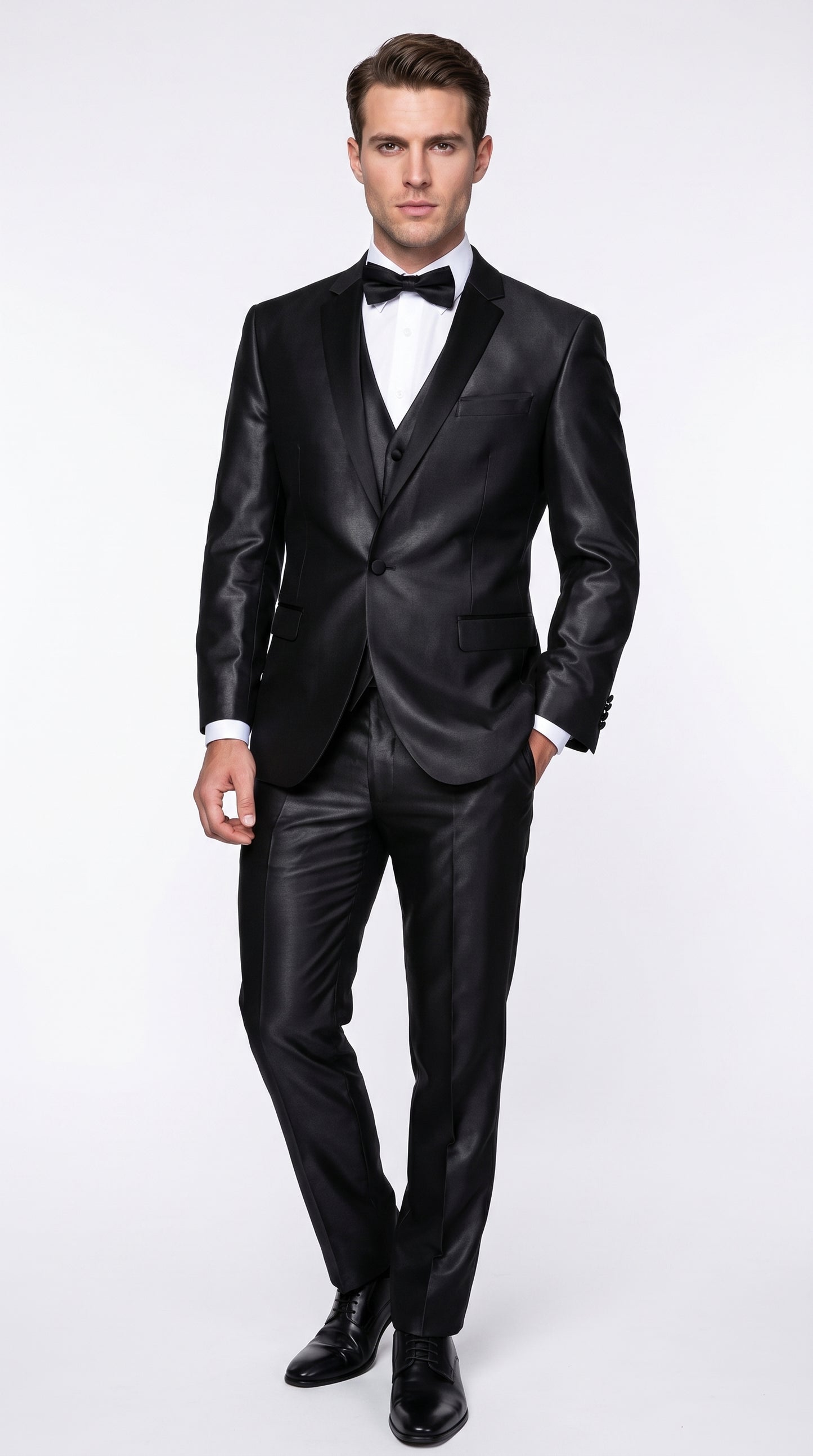 Men’s Black Two Tone Vested Wool Suit with 2 Button Jacket and Black Lapel, Italian Tuxedo Style