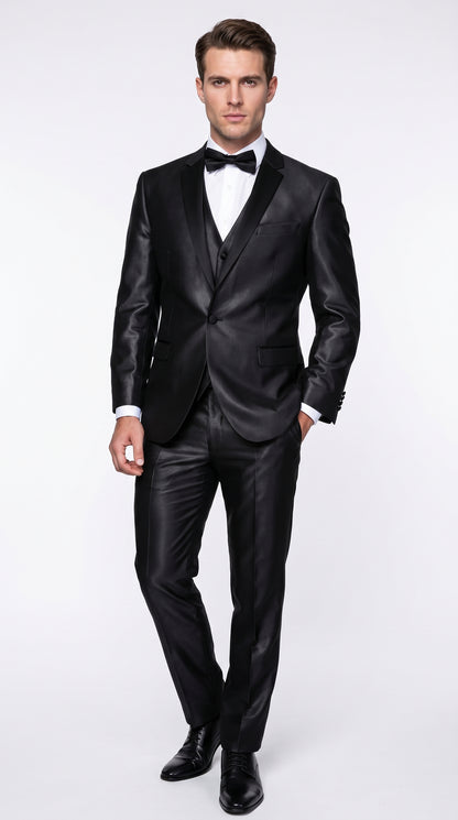 Men’s Black Two Tone Vested Wool Suit with 2 Button Jacket and Black Lapel, Italian Tuxedo Style