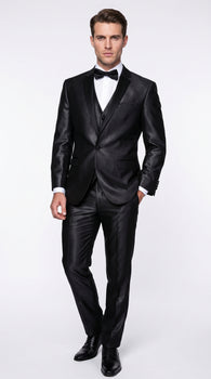 Men’s Black Two Tone Vested Wool Suit with 2 Button Jacket and Black Lapel, Italian Tuxedo Style