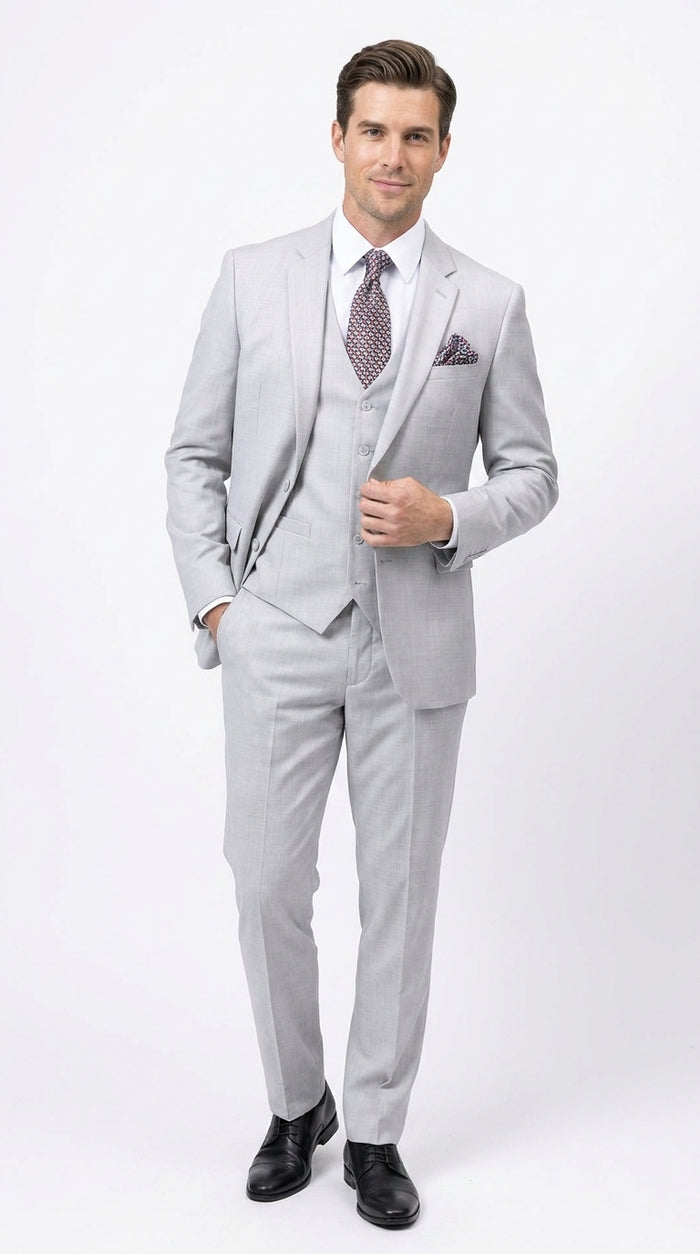 Men’s Light Grey Sharkskin 3 Piece Business Suit – Slim Fit Two Button Vested Wedding & Silver Suit