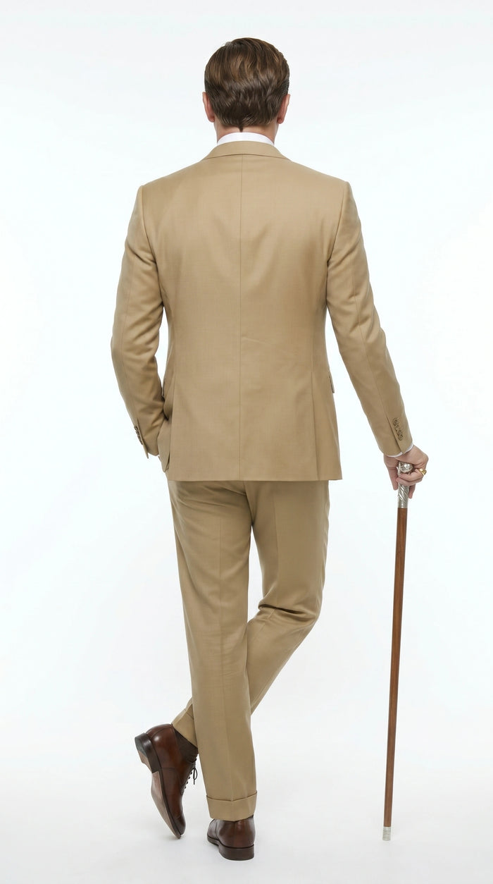 Men’s Khaki 3 Piece Suit with Patterned Vest, Great Gatsby Inspired Formal Suit for Weddings, Mardi Gra in Tan Camel Color Modern Fit