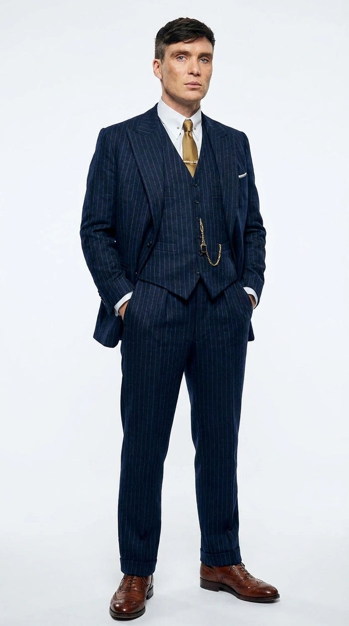 Men’s Navy Blue Pinstripe 3 Piece Suit, Thomas Shelby Inspired Vintage Formal Suit for Weddings, Parties, Prom, and Special Events Modern Fit