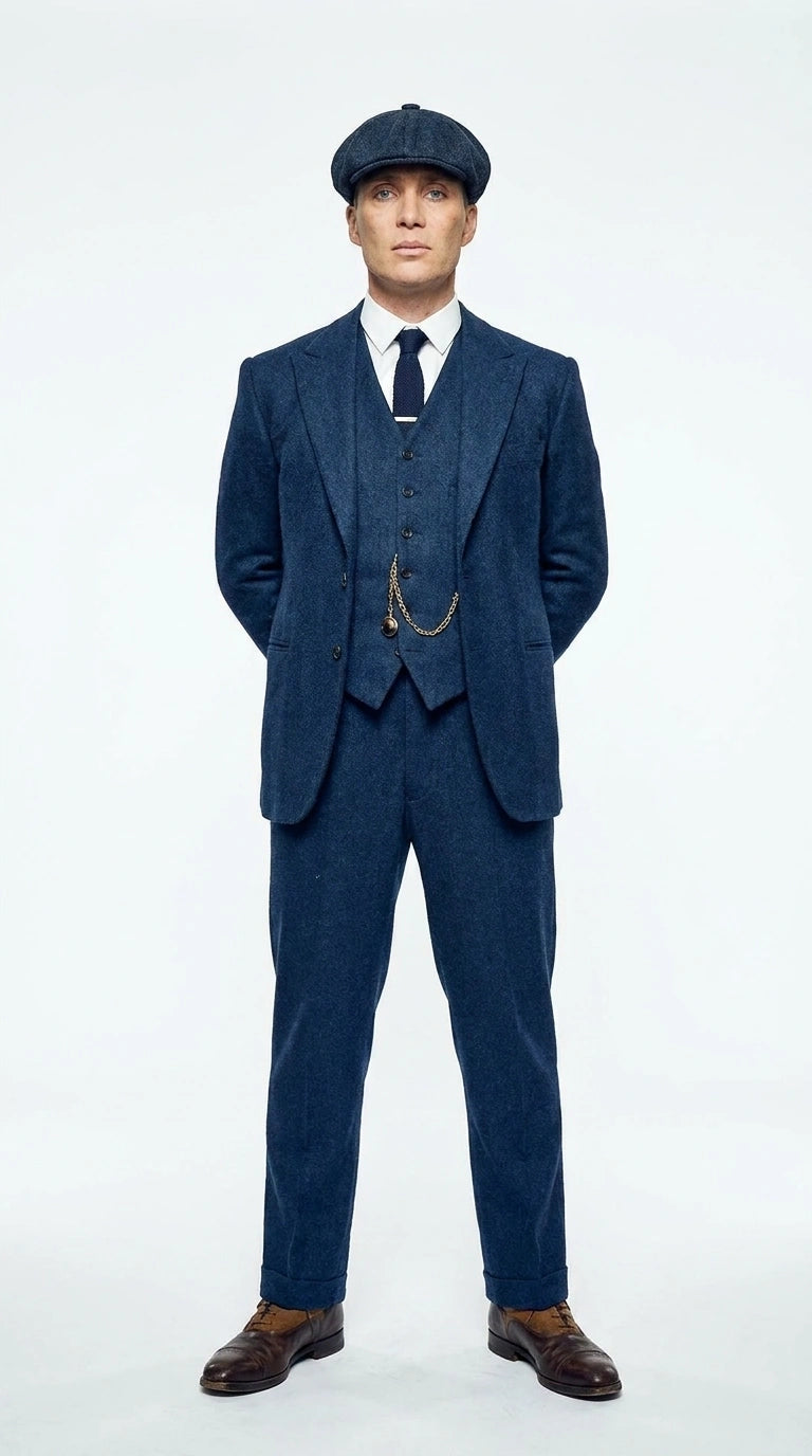Men’s Blue 3 Piece Suit, Thomas Shelby Inspired Vintage Formal Suit Herringbone Tweed 1920s fabric Modern Fit
