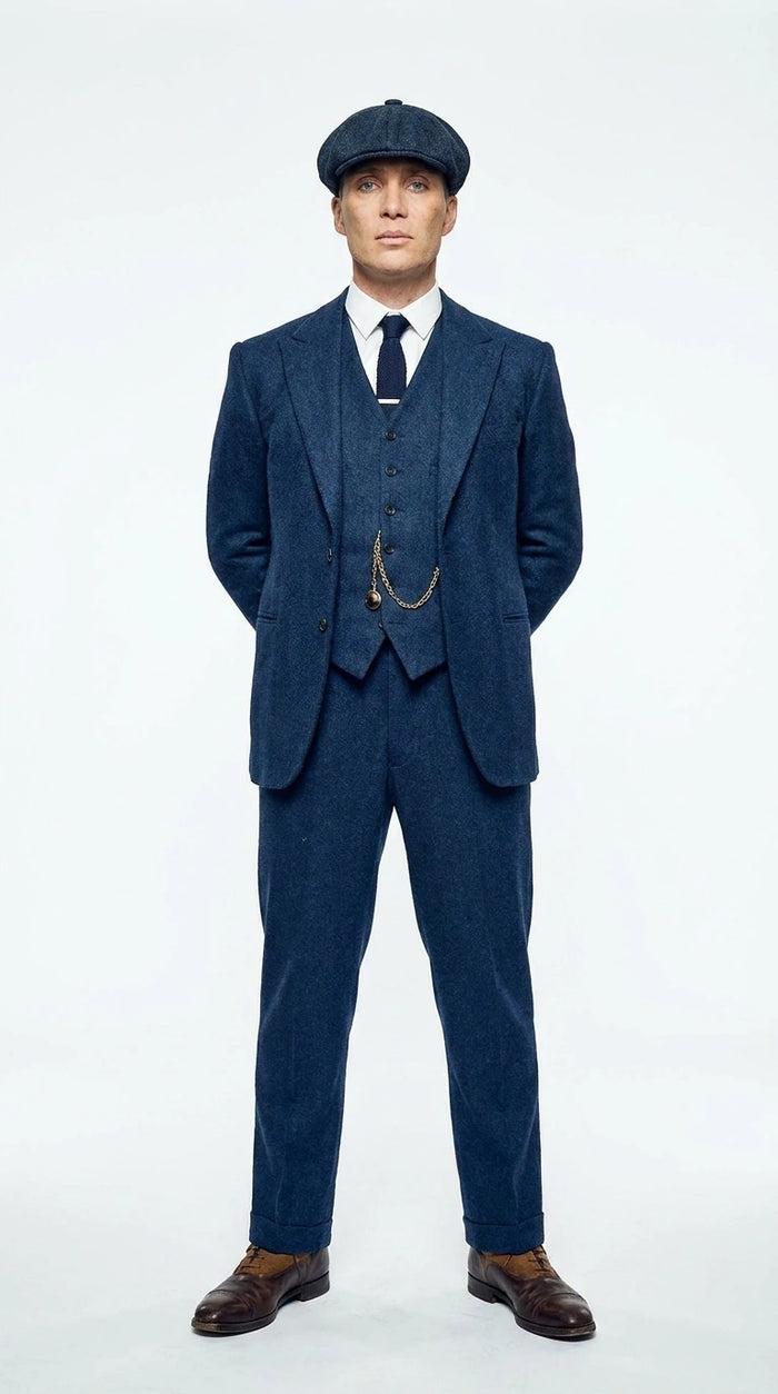Men’s Blue 3 Piece Suit, Thomas Shelby Inspired Vintage Formal Suit Herringbone Tweed 1920s fabric Modern Fit