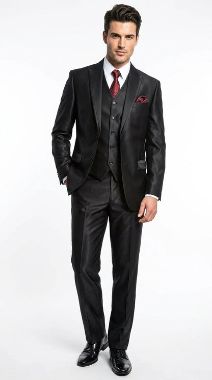Men’s Black Shiny 3 Piece Tuxedo Groom Suit, Formal Vest Suit for Weddings, Prom, Black Tie Events, Black Lapel