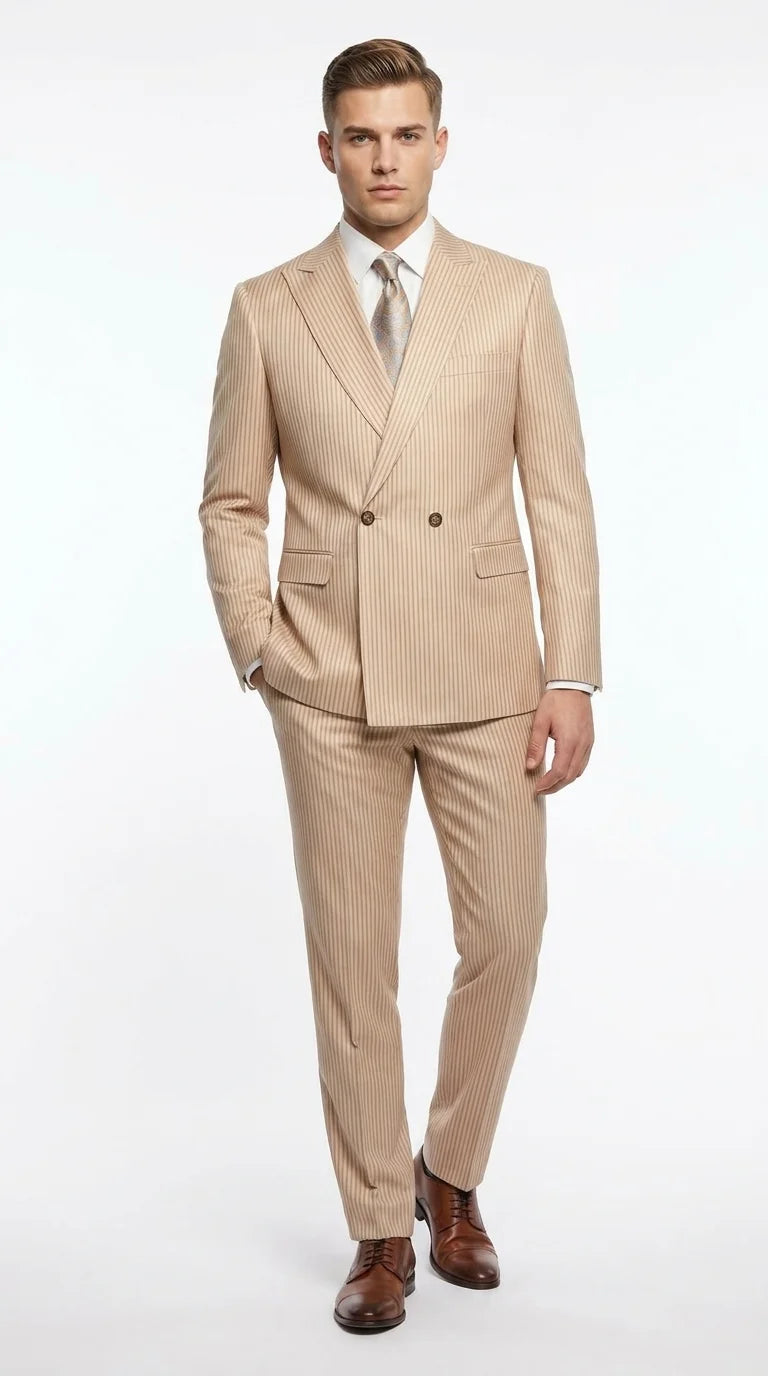 Vitali Men’s Tone on Tone Beige Pinstripe 2 Piece Suit, Double Breasted Summer Dress Suit for Weddings, Tan Beige Shadow Pinstripe Modern Fit
