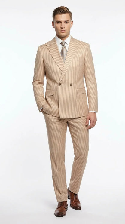 Vitali Men’s Tone on Tone Beige Pinstripe 2 Piece Suit, Double Breasted Summer Dress Suit for Weddings, Tan Beige Shadow Pinstripe Modern Fit