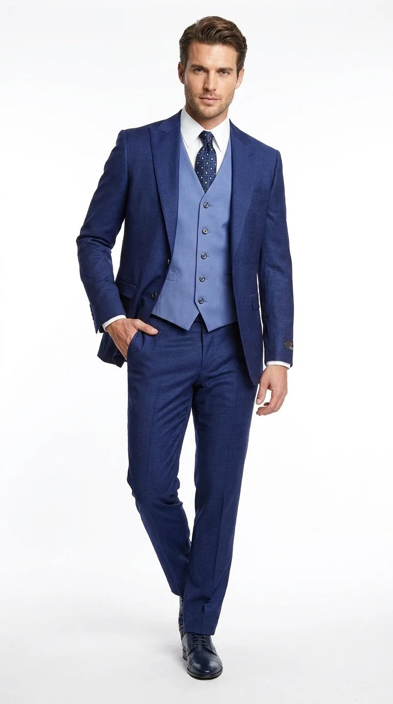 Vitali Men’s Navy Blue 3 Piece Suit with Light Blue Vest, Textured Formal Dress Suit for Weddings, Prom, Business Events, and Parties Modern Fit