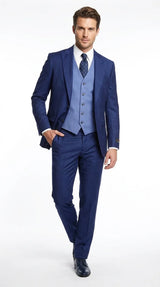 Vitali Men’s Navy Blue 3 Piece Suit with Light Blue Vest, Textured Formal Dress Suit for Weddings, Prom, Business Events, and Parties Modern Fit