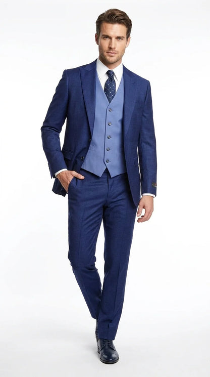 Vitali Men’s Navy Blue 3 Piece Suit with Light Blue Vest, Textured Formal Dress Suit for Weddings, Prom, Business Events, and Parties Modern Fit