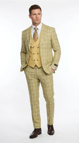 Vitali Men’s Sage Beige Tan Plaid 3 Piece Suit, Check Pattern Formal Dress Suit for Weddings, Prom, Business Events,Light Yellow Color Modern Fit