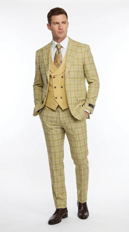 Vitali Men’s Sage Beige Tan Plaid 3 Piece Suit, Check Pattern Formal Dress Suit for Weddings, Prom, Business Events,Light Yellow Color Modern Fit