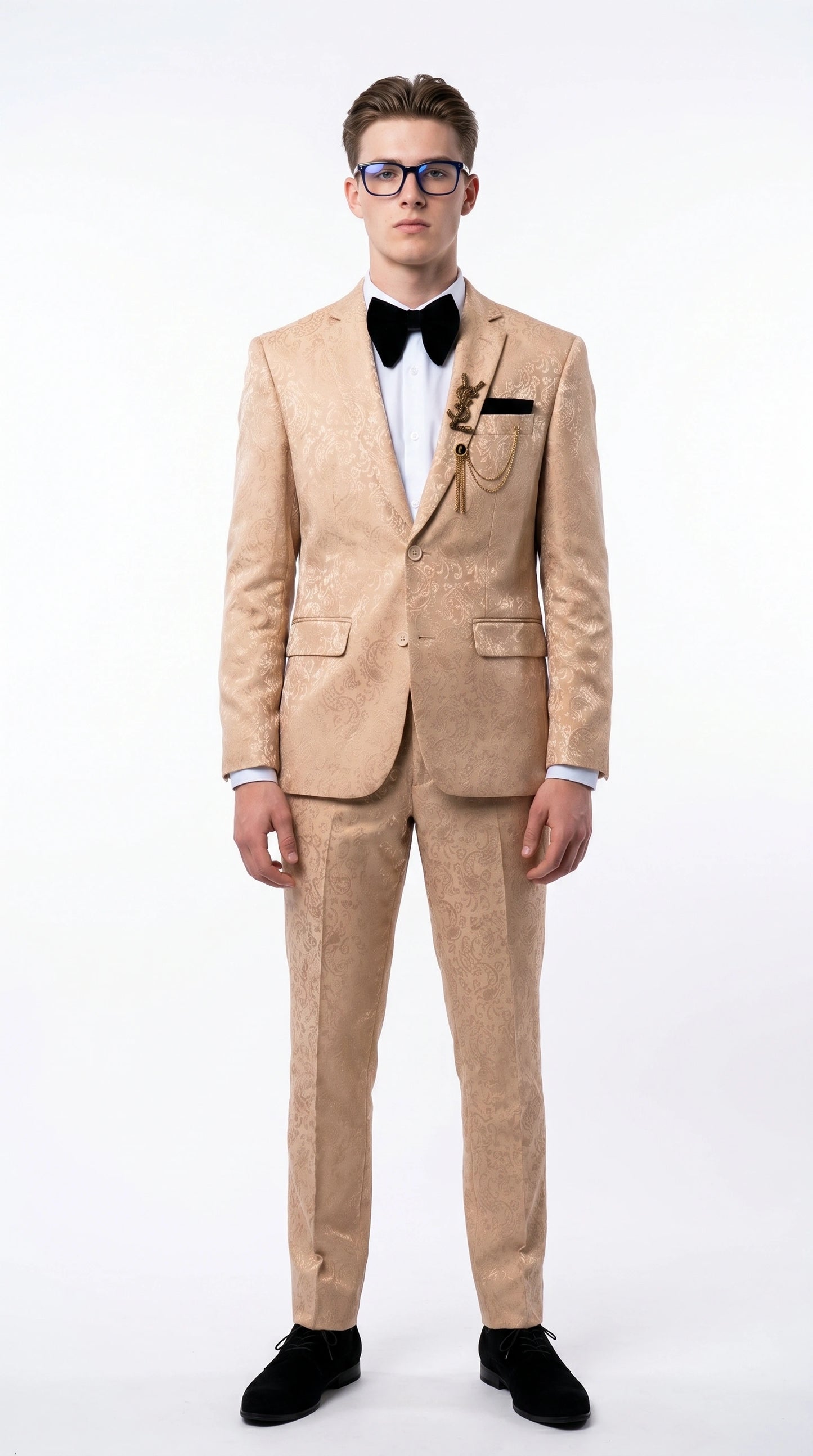 Men’s Champagne Gold Paisley Prom Tuxedo, Formal Dinner Suit for Prom, Weddings, Parties in Tan Color