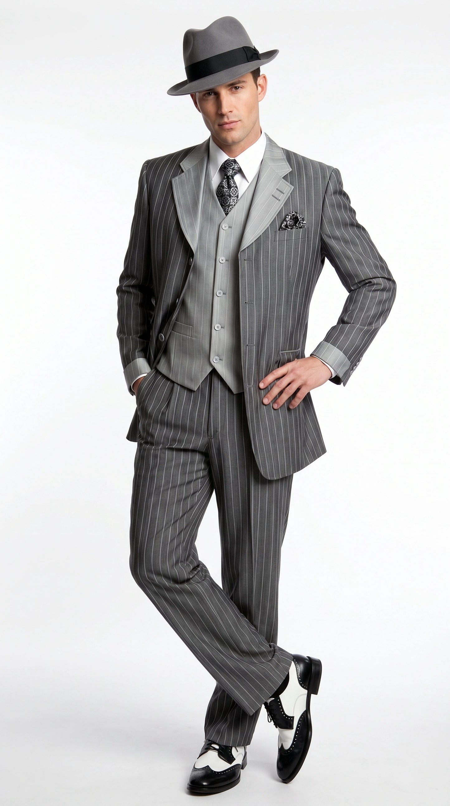 Men’s Grey Pinstripe 1920s Gangster 3 Piece Suit, Contrast Lapel Vintage Formal Suit for Parties, Prom, Weddings, and Theme Events Modern Fit