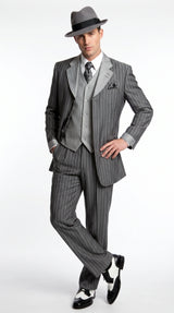 Men’s Grey Pinstripe 1920s Gangster 3 Piece Suit, Contrast Lapel Vintage Formal Suit for Parties, Prom, Weddings, and Theme Events Modern Fit