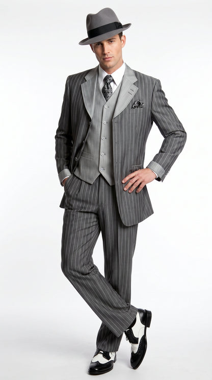 Men’s Grey Pinstripe 1920s Gangster 3 Piece Suit, Contrast Lapel Vintage Formal Suit for Parties, Prom, Weddings, and Theme Events Modern Fit