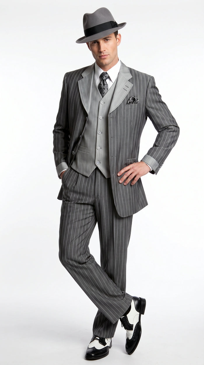 Men’s Grey Pinstripe 1920s Gangster 3 Piece Suit, Contrast Lapel Vintage Formal Suit for Parties, Prom, Weddings, and Theme Events Modern Fit