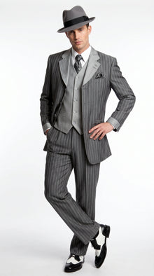 Men’s Grey Pinstripe 1920s Gangster 3 Piece Suit, Contrast Lapel Vintage Formal Suit for Parties, Prom, Weddings, and Theme Events