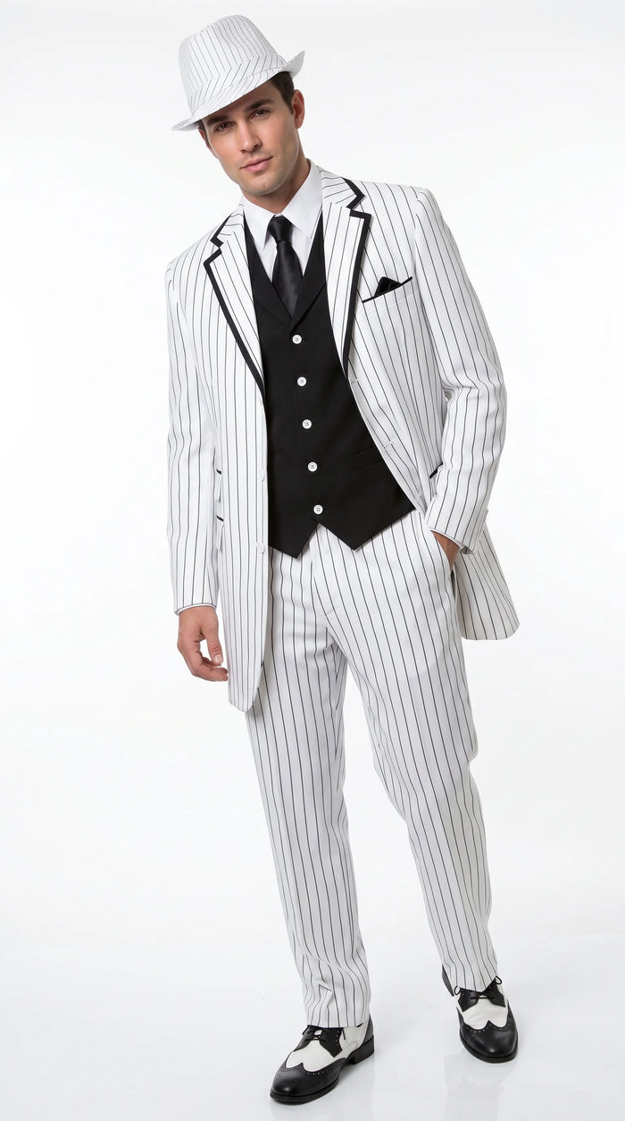 Men’s White Pinstripe 1920s Gangster 3 Piece Suit, Black Contrast Formal Costume Suit for Parties, Prom, Weddings, and Theme Events Modern Fit