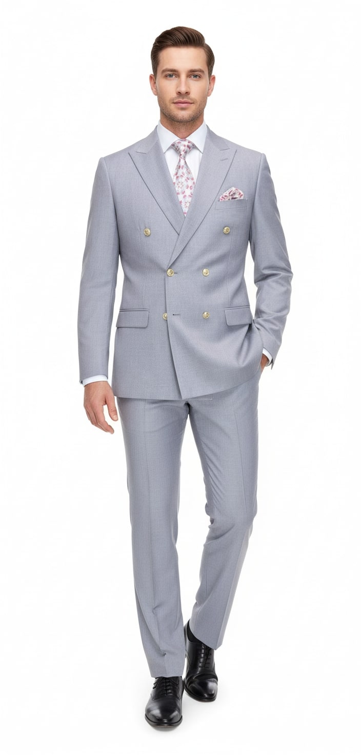 Mens Silver Grey Double-Breasted 3-Piece Suit – Classic Tailored Fit with Peak Lapel and Gold Buttons for Weddings, Church and Formal Events