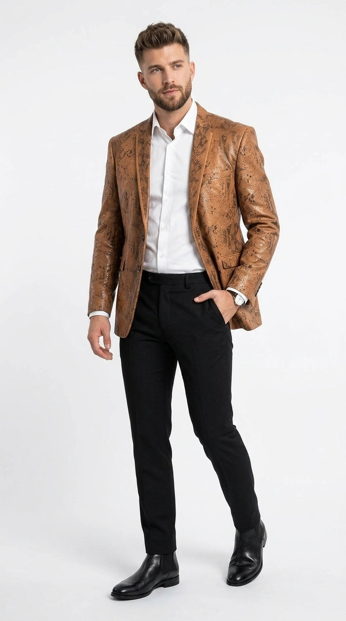 Men’s Tan Snakeskin Print Blazer, Brown Sport Coat Camel Alligator Crocodile Animal Print leopard Jacket