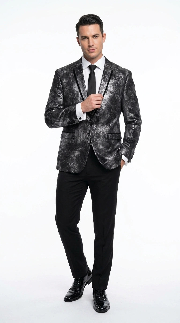 Men’s Black and Charcoal Gray Snakeskin Print Blazer, Animial Exotic Skin Alligator Crocodile Texture