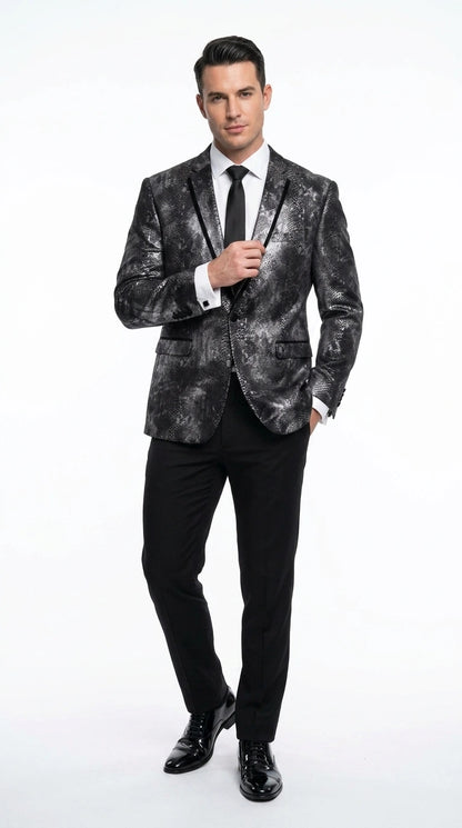 Men’s Black and Charcoal Gray Snakeskin Print Blazer, Animial Exotic Skin Alligator Crocodile Texture