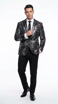Men’s Black and Charcoal Gray Snakeskin Print Blazer, Animial Exotic Skin Alligator Crocodile Texture