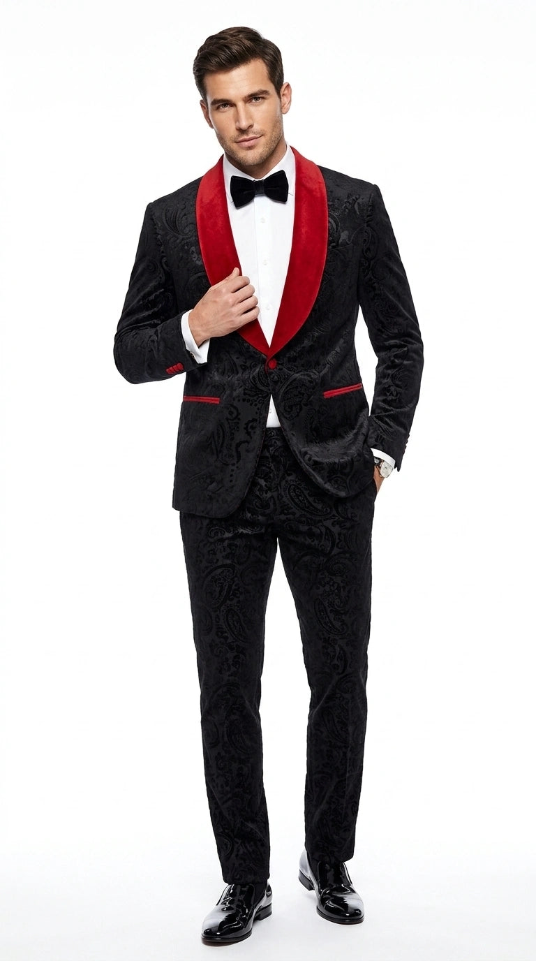 Men’s Black Paisley 2 Piece Suit with Red Shawl Lapel, Formal Wedding Prom Party Suit Set Modern Fit