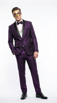 Mens Purple Shimmer Mardi Gras Suit with Black Satin Lapel – Shiny Metallic Formal Party and Carnival Suit Sequin Look