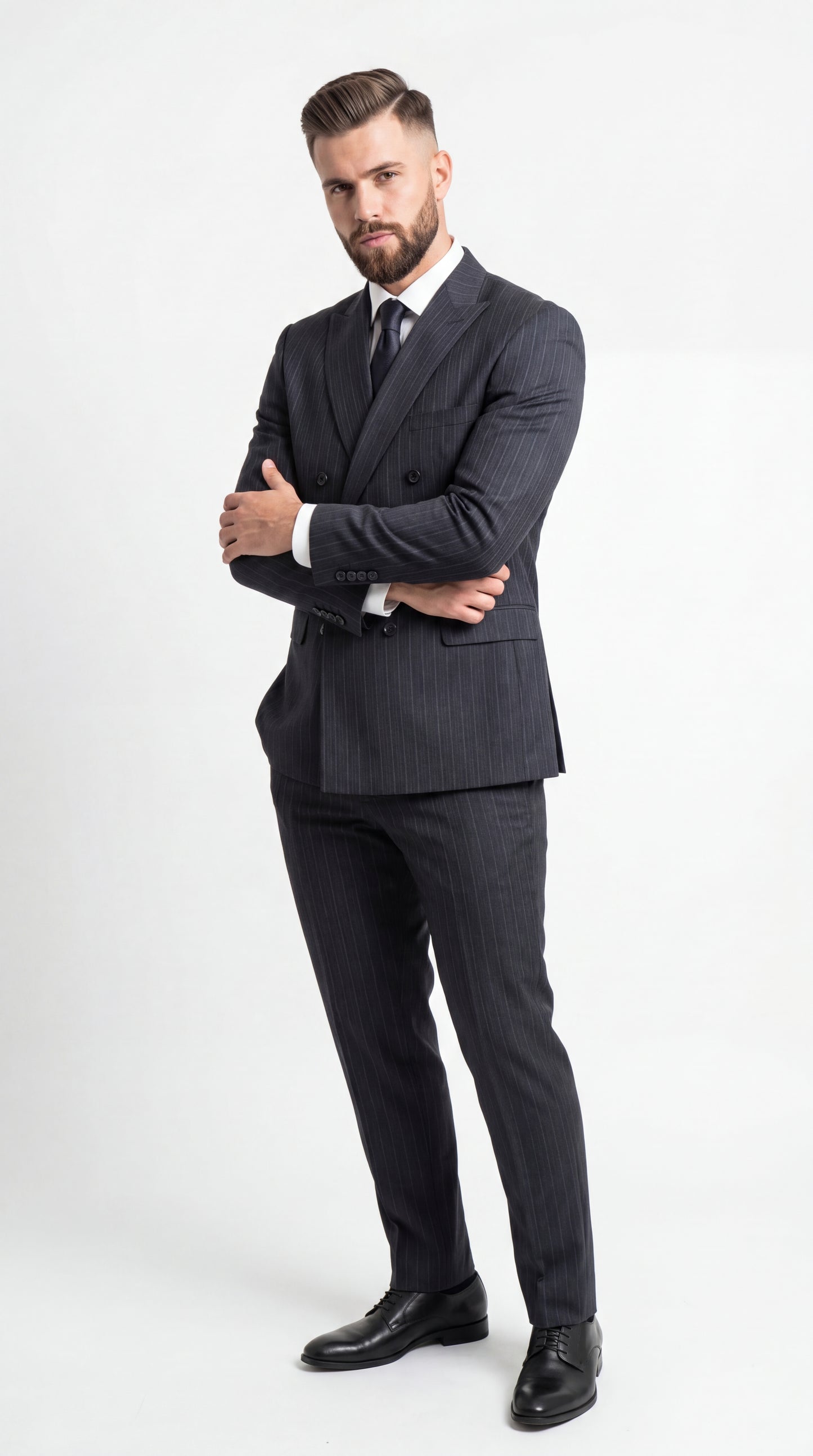 Men’s Black Pinstripe Double Breasted Suit – Classic Formal Business Suit Office and Evening Wear Modern Fit Conservative pattern
