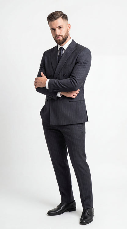 Men’s Black Pinstripe Double Breasted Suit – Classic Formal Business Suit Office and Evening Wear Modern Fit Conservative pattern