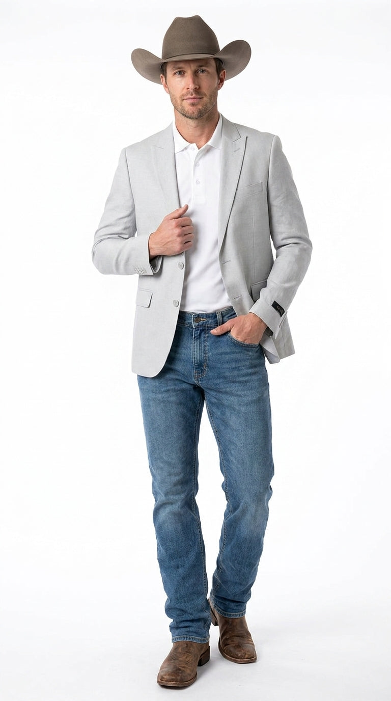 Men’s Very Light Grey - Linen Western Cowboy Blazer, Formal Sport Coat for Weddings, Parties, Country Events, and Casual Dress Wear in Ice Ash Color