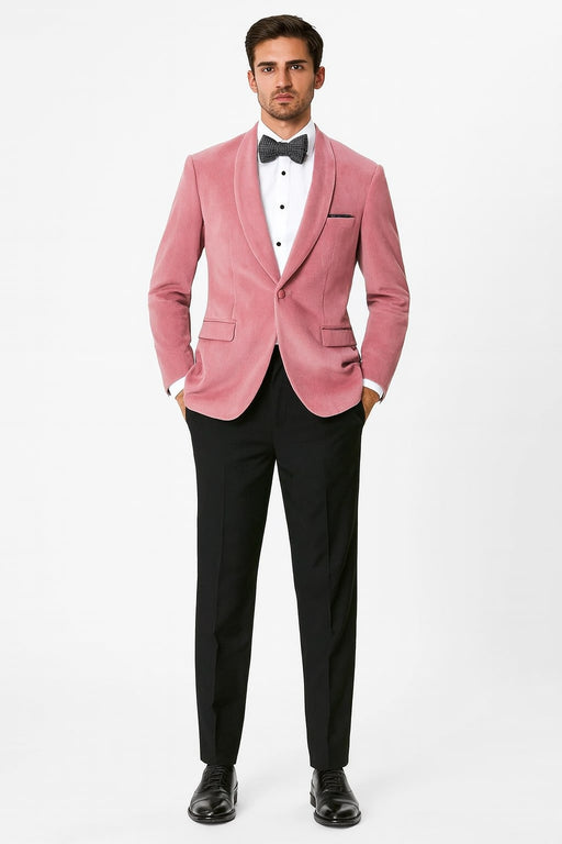 Mens Pink Velvet Tuxedo Dinner Jacket with Shawl Lapel – Slim Fit Blazer for Weddings, Prom in Rose Gold Color