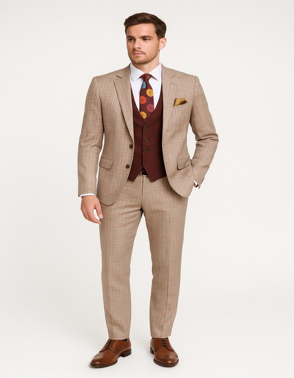Men's Light Brown Plaid Suit with Burgundy Vest and Colorful Floral Tie – 3 Piece Set - Taupe Windowpane Pattern - Image 3