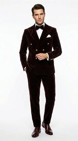Men’s Dark Brown Velvet Blazer and Pants 2 Piece Suit, Double Breasted Formal Dinner Suit for Weddings, Prom