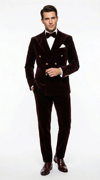 Men’s Dark Brown Velvet Blazer and Pants 2 Piece Suit, Double Breasted Formal Dinner Suit for Weddings, Prom