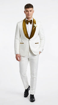 Men’s White Paisley 3 Piece With Vest Prom Tuxedo with Gold Velvet Shawl Lapel, Formal Wedding Suit Set