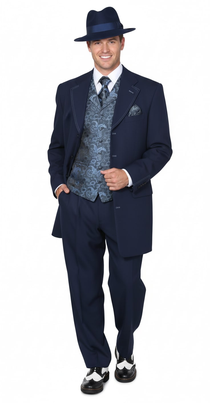 Mens 1920s Navy Blue Zoot Suit – Vintage Gangster 3-Piece Long Jacket Suit Classic Fit Pleated Pants