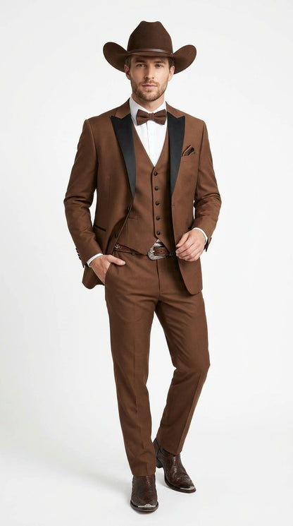 Men’s Light Brown Western Tuxedo 3 Piece Suit with Black Peak Collar Lapel, Country Look Cowboy Suit