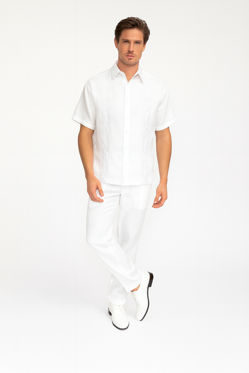 Men’s White Embroidered Guayabera Two-Piece Set – Short Sleeve Shirt and Pants