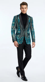 Men’s Black and Turquoise Blue With teal green Sequin Dinner Jacket, Formal Prom Wedding Paisley Floral Mardi Gra Pattern